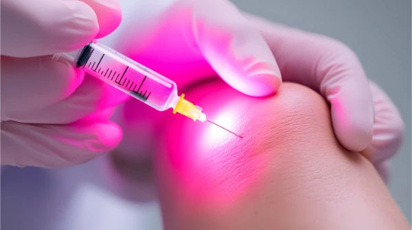 Die behandschuhte Hand mit der rosa gefüllten Spritze bereitet die Knieinjektion vor; das Knie des Patienten leuchtet zart rosa.